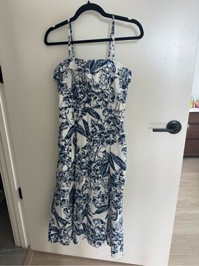 Abercrombie & Fitch White Strapless Floral Midi Dress with Blue Print